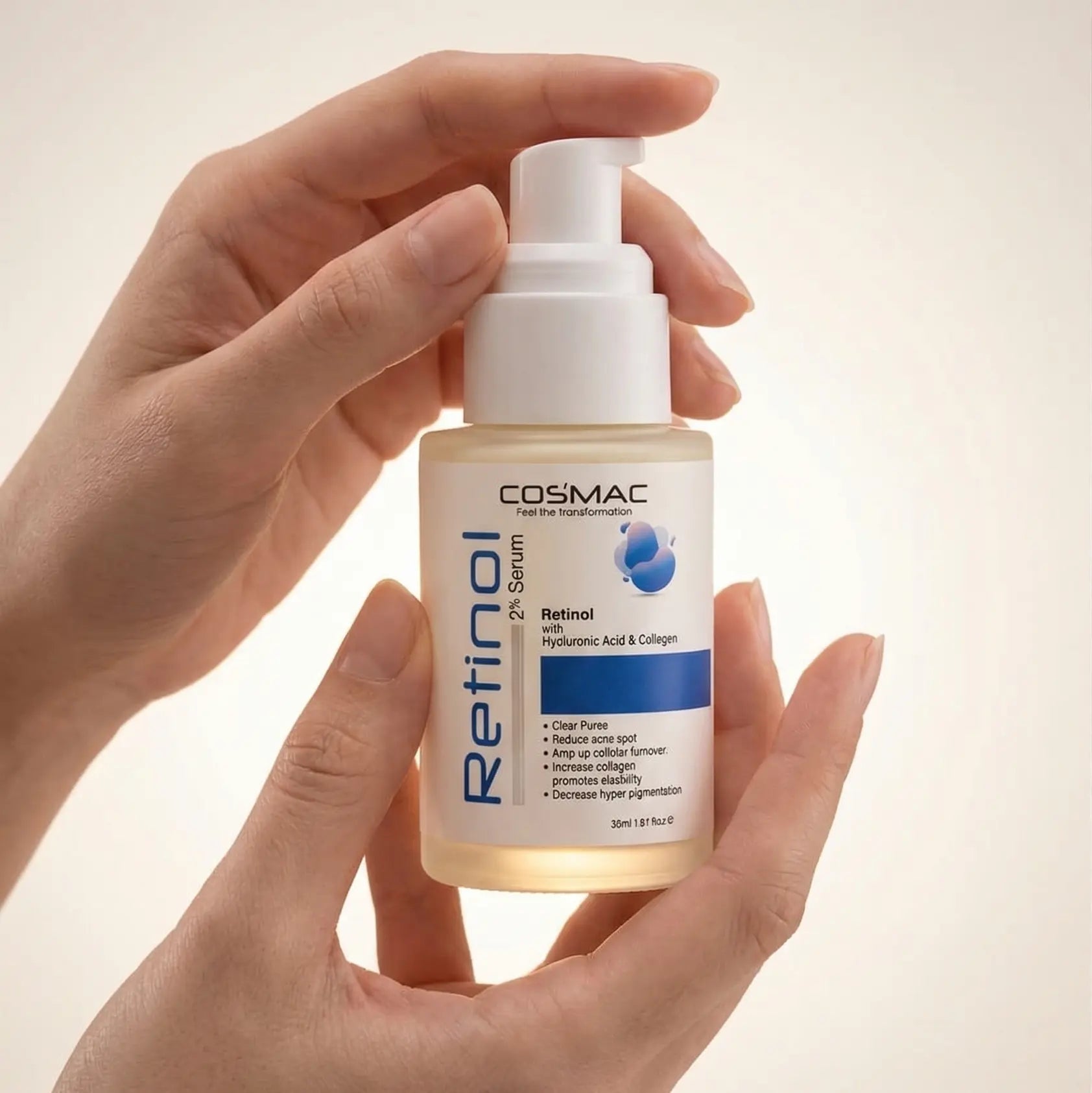 A concentrated Cosmac Skincare 2.5% Retinol Facial Serum that targets fine lines, wrinkles, and uneven skin tone to promote a smoother, more youthful complexion. 