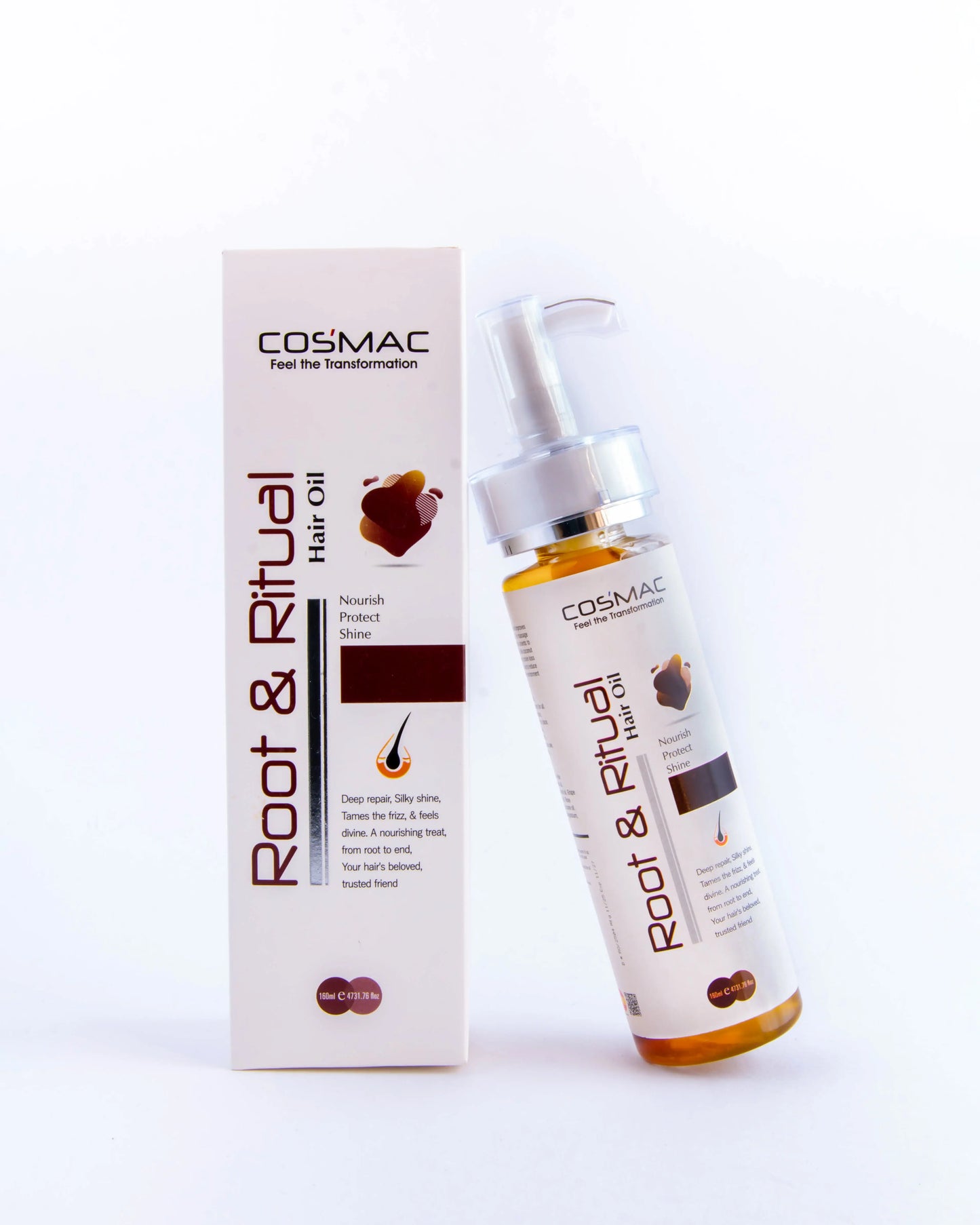 Cosmac Root & Ritual hair oil bottle and packaging on a white background