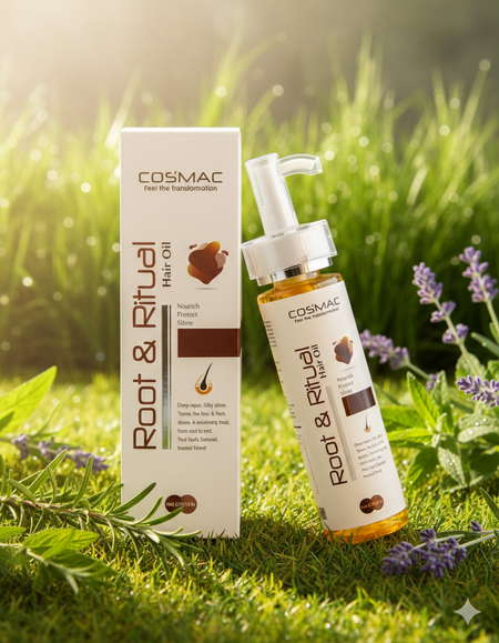 Cosmac Root & Ritual hair oil bottle and box on grass with lavender flowers