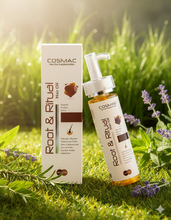 Cosmac Root & Ritual hair oil bottle and box on grass with lavender flowers