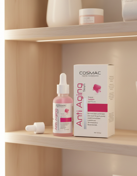 Cosmetic products on a shelf with 'Cosmac' branding