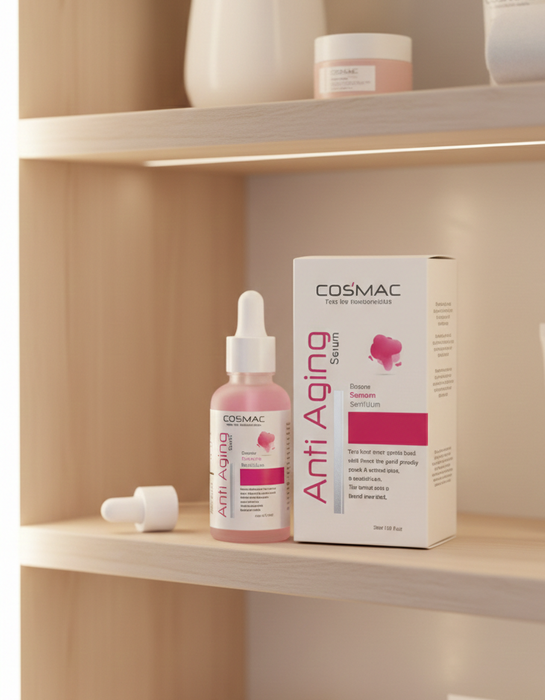 Cosmetic products on a shelf with 'Cosmac' branding