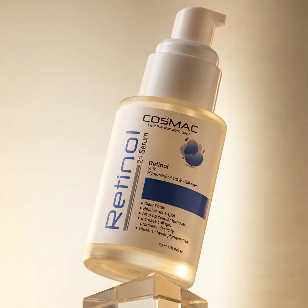 Cosmetic bottle of Retinol serum on a clear stand with a gradient background
